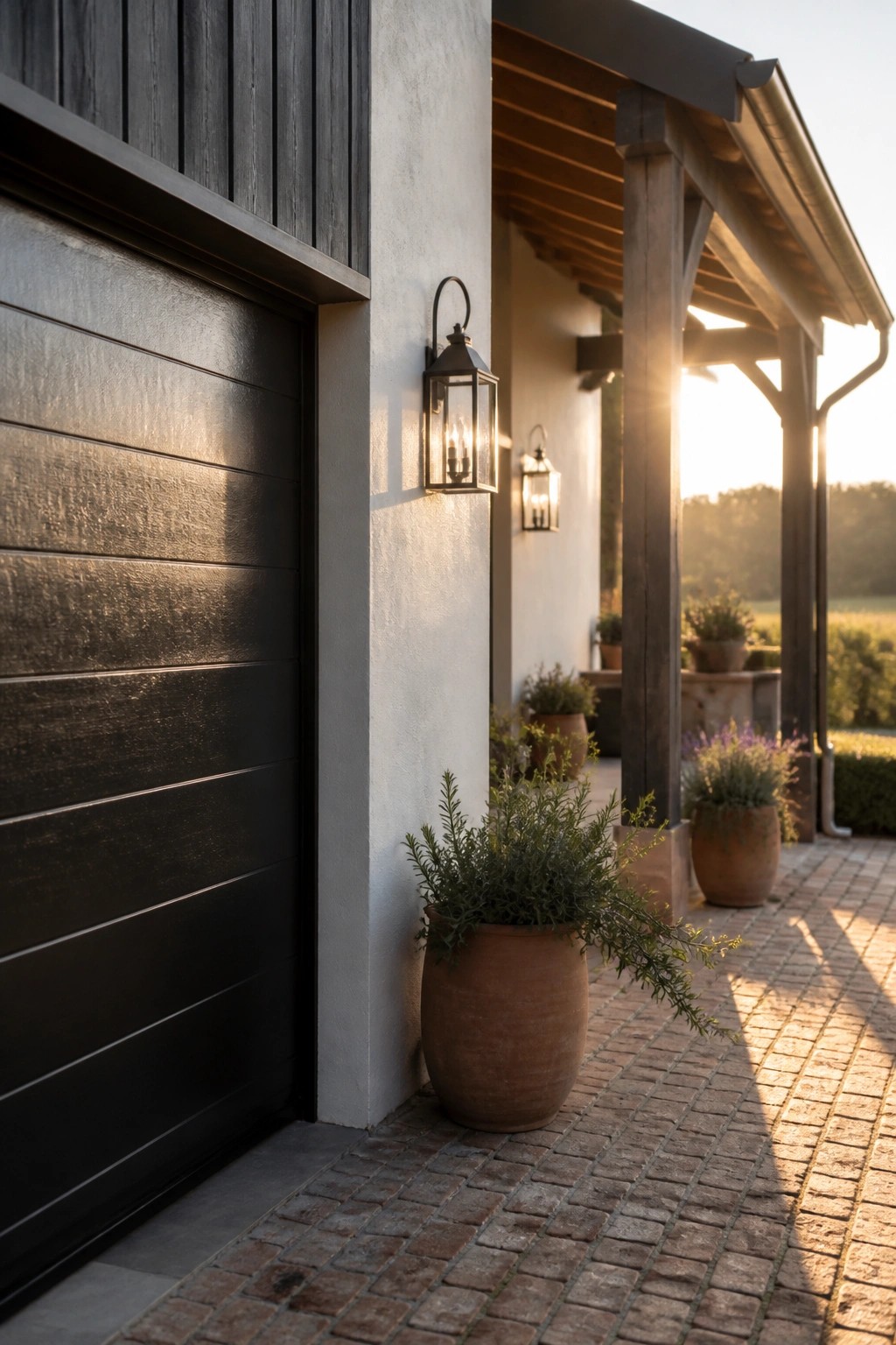 Dark garage door beside porch with glowing lanterns and terracotta plant pots at sunset