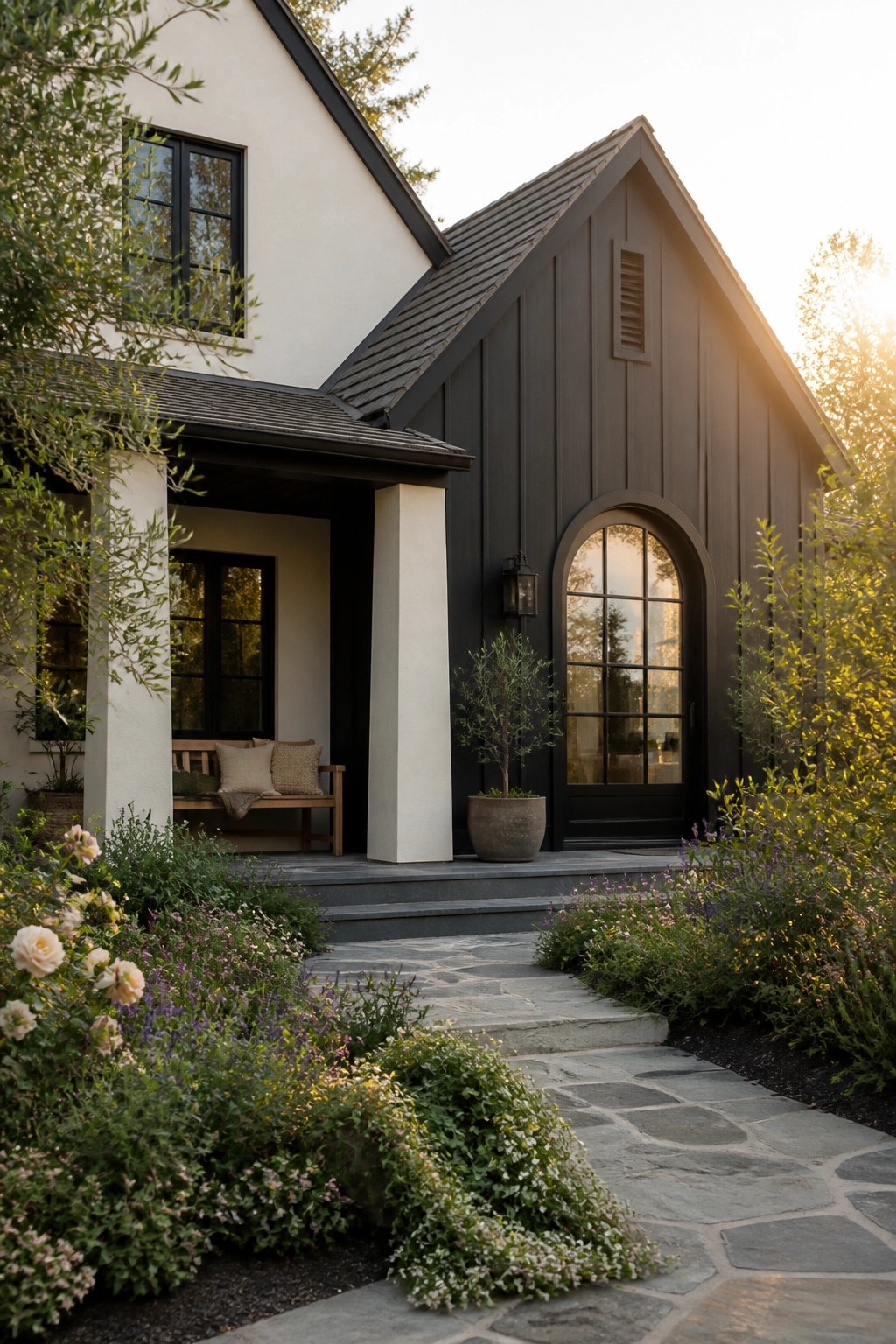 A house exterior with dark vertical siding on one gable, white walls on the other, black-framed windows, an arched entry door, white porch columns, and a stone path leading to the front steps.