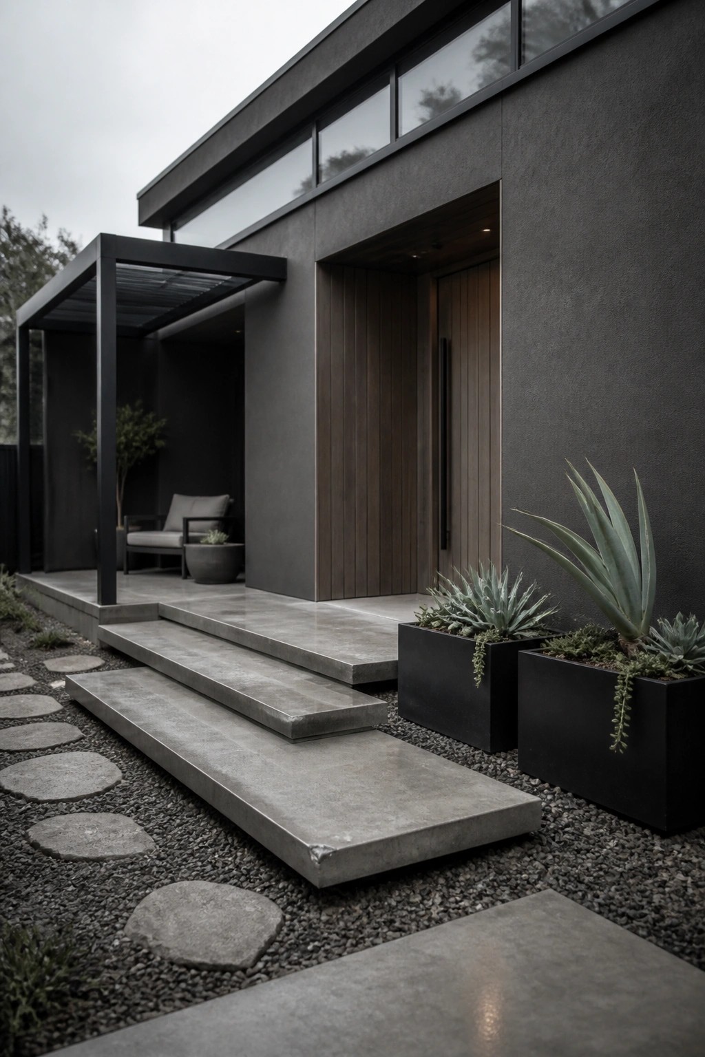 A contemporary house entrance with dark textured walls, a vertical wood door, concrete steps, and black planters holding succulents.