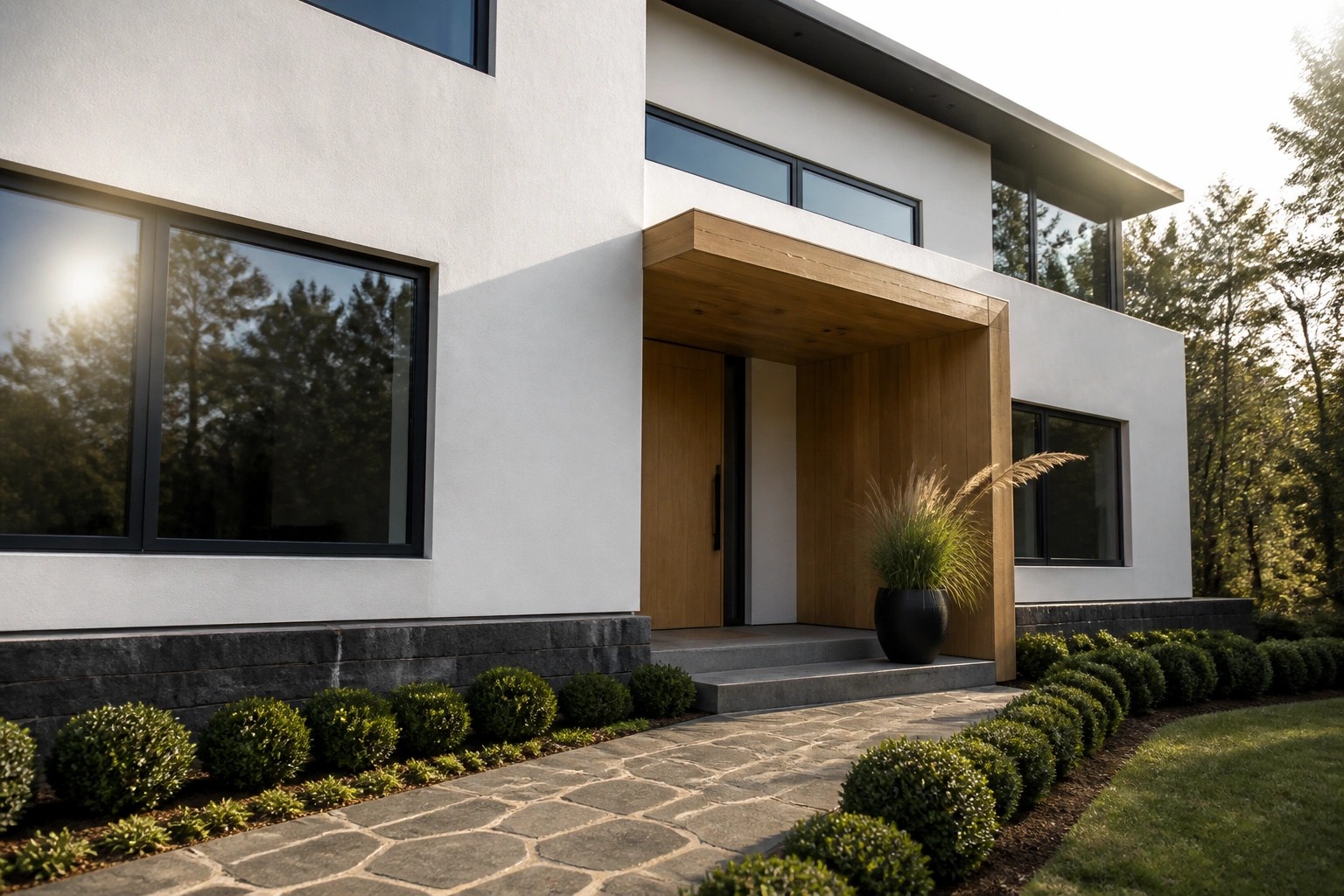 Modern house entrance with wooden door, stone pathway, and lush landscaping.