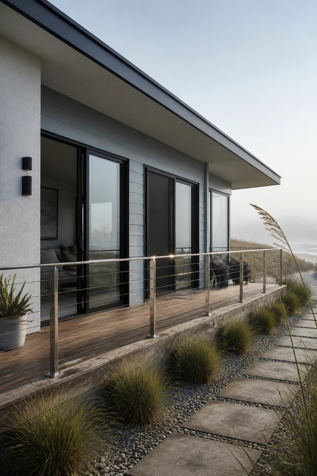 Modern beach house with wooden deck, glass doors, overlooking misty ocean shore.