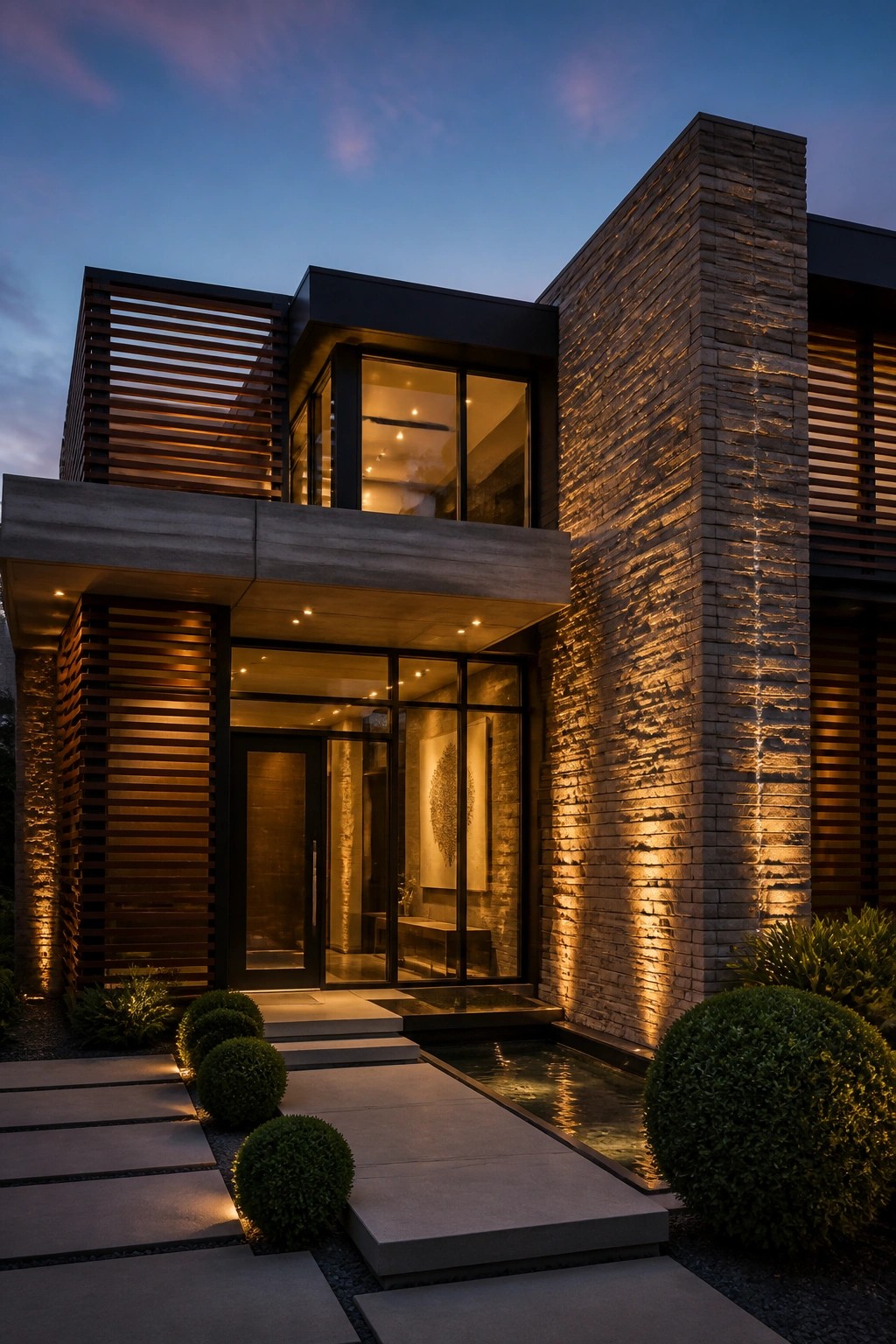 Modern house exterior at dusk with a tall illuminated stacked stone wall beside large glass windows, concrete overhang, and wood slats.