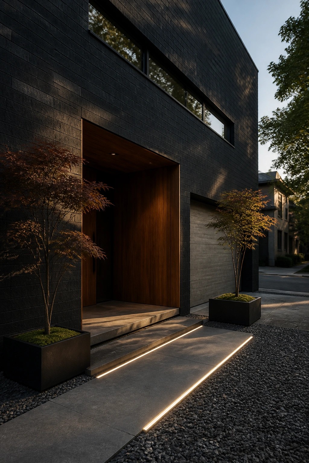 Modern dark brick house entrance with wooden door, lighted steps, and potted trees.