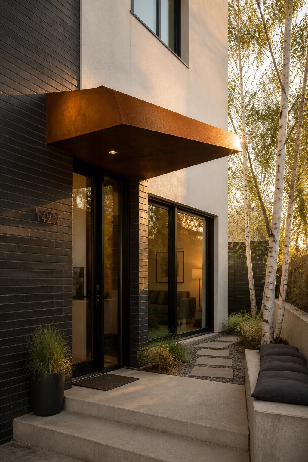 Modern house entrance featuring a large copper-toned metal canopy above black-framed glass doors, concrete steps, and dark siding with the number 427.