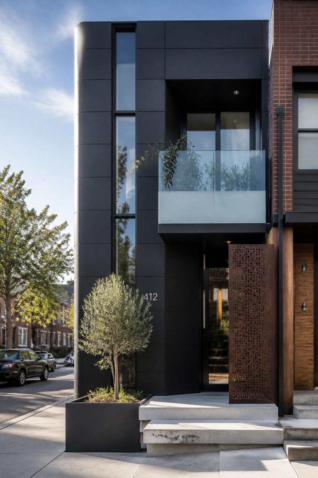 A modern black multi-story house with vertical windows, a glass balcony, concrete steps, and a rusted perforated metal panel beside the front entrance.