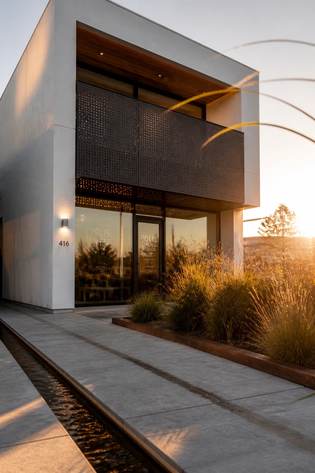 Modern white two-story house with a large perforated metal screen covering the upper balcony above glass doors and windows.