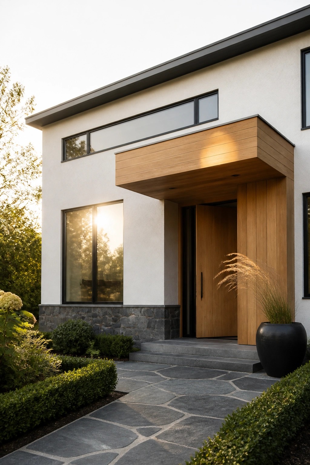 Modern house entrance with wooden door, stone pathway, and lush landscaping.