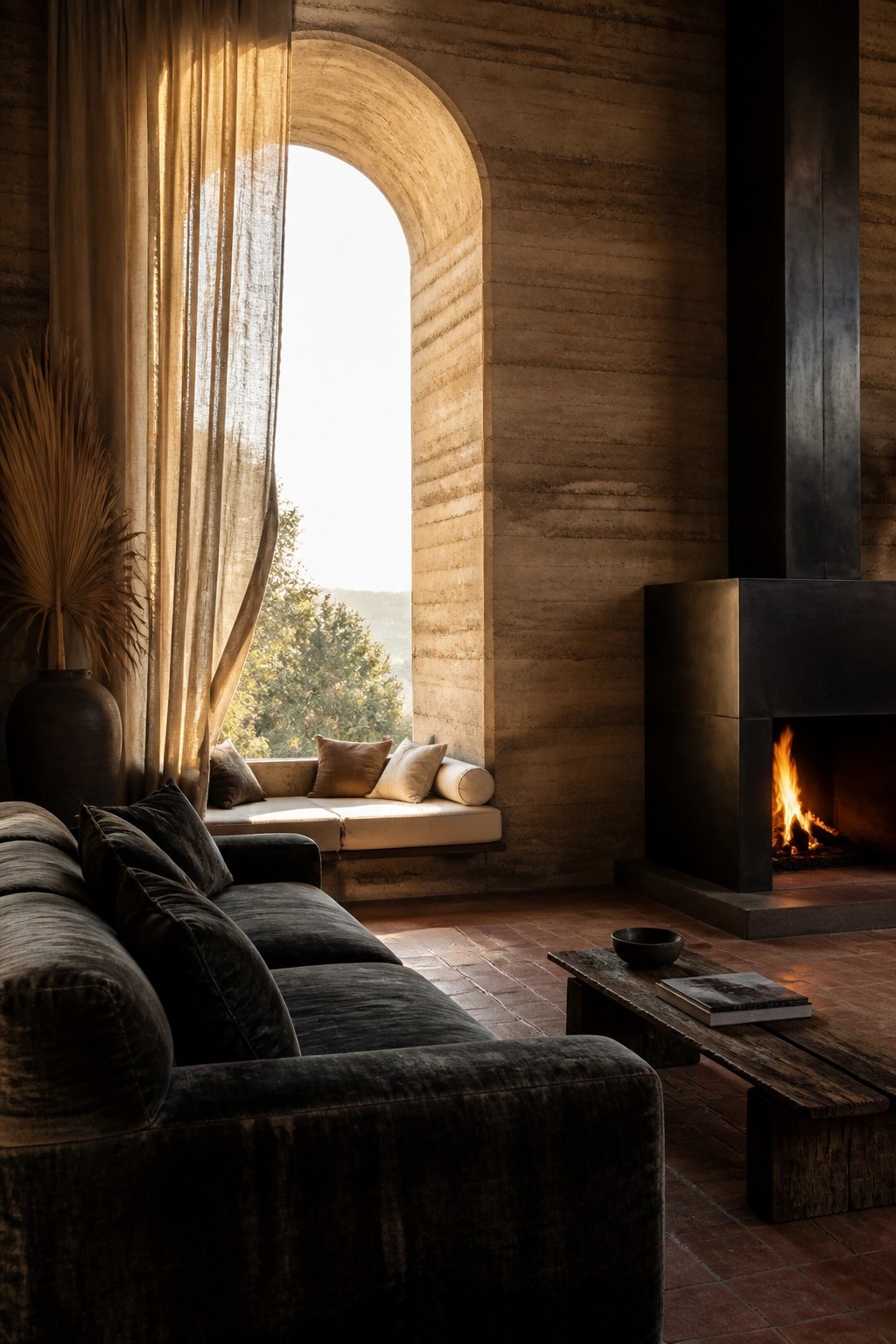 A living room interior featuring a tall arched window in a rammed earth wall with a sheer curtain, a dark sofa, a wooden coffee table, and a modern fireplace.