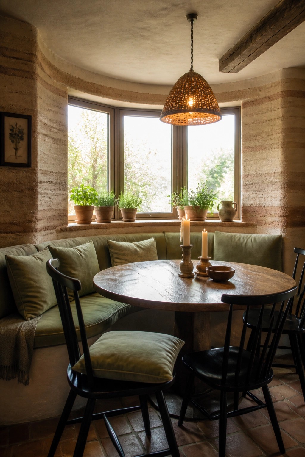 Round wooden table with candles in cozy nook with green bench and bay windows.