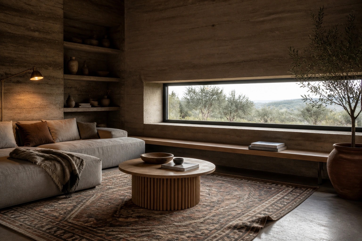 A living room with rammed earth walls, a large window overlooking trees, a gray sofa, and a round wooden coffee table on a patterned rug.
