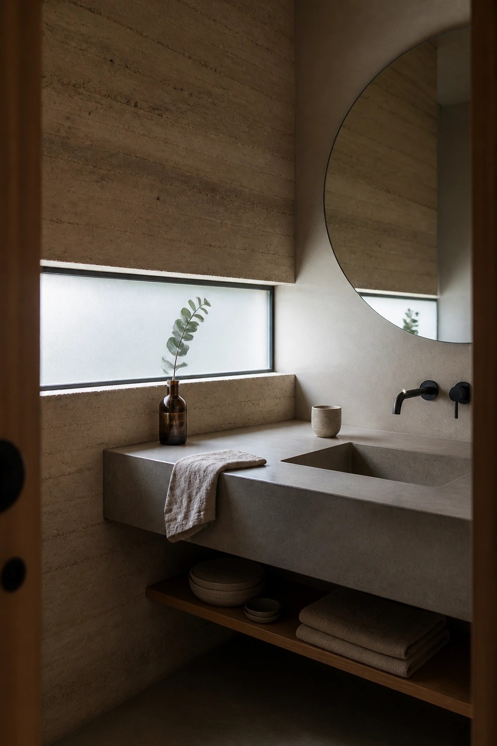 A bathroom with rammed earth walls and a high horizontal frosted window above a floating concrete sink.