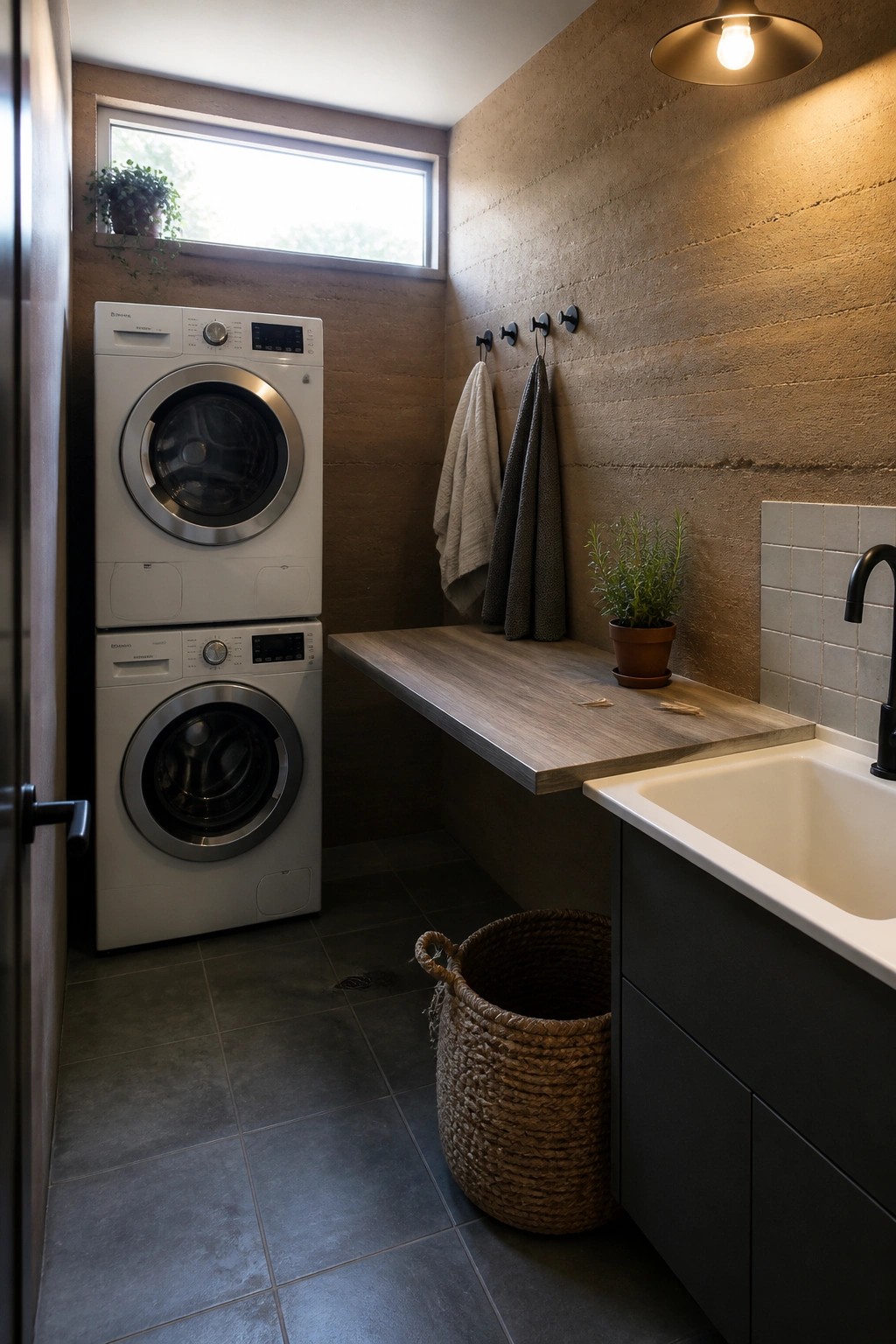 A laundry room with stacked white washer and dryer units, a floating wood countertop over dark cabinets and a sink, rammed earth walls, and a high horizontal window above the machines.