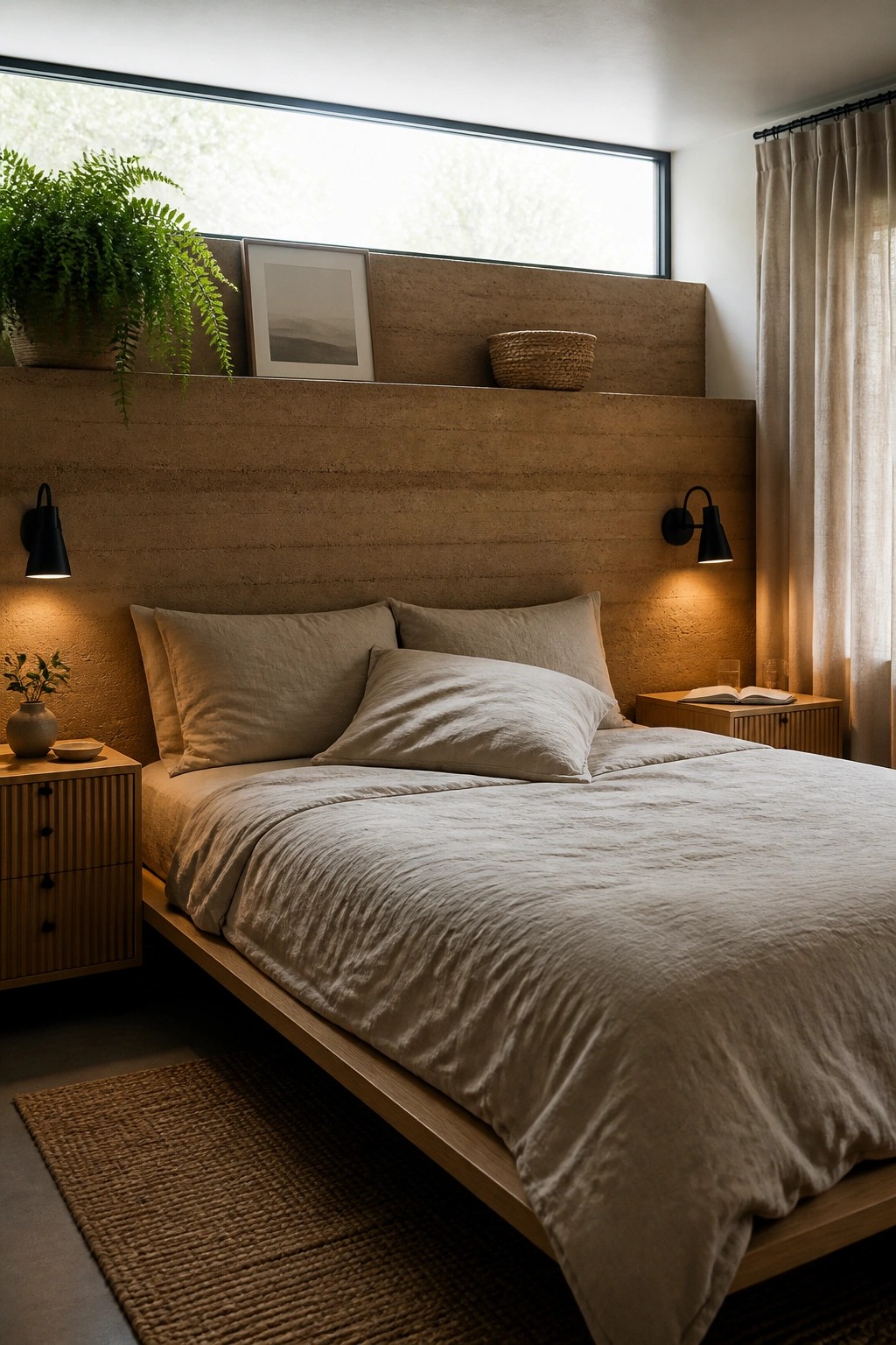 A bedroom featuring a large horizontal window above a rammed earth wall used as a headboard, with a bed dressed in beige linen and black wall sconces on either side.