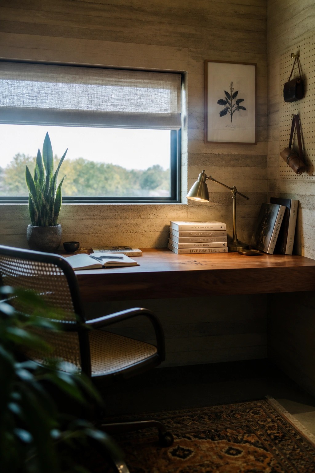 A wooden desk sits under a window with a rolled-up linen shade in a room with rammed earth walls, a potted plant on the left and stacked books with a desk lamp on the right.