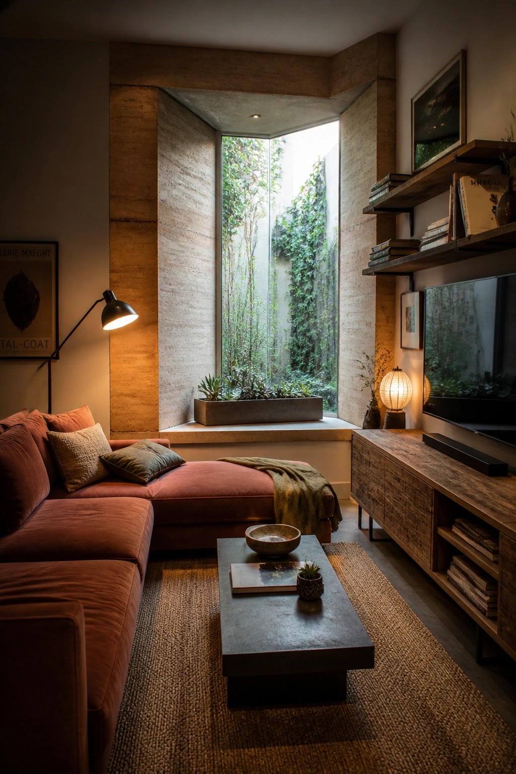 A living room with a tall window deeply set into rammed earth walls, a rust-colored sectional sofa, a dark coffee table on a woven rug, and wooden media shelves to the right.