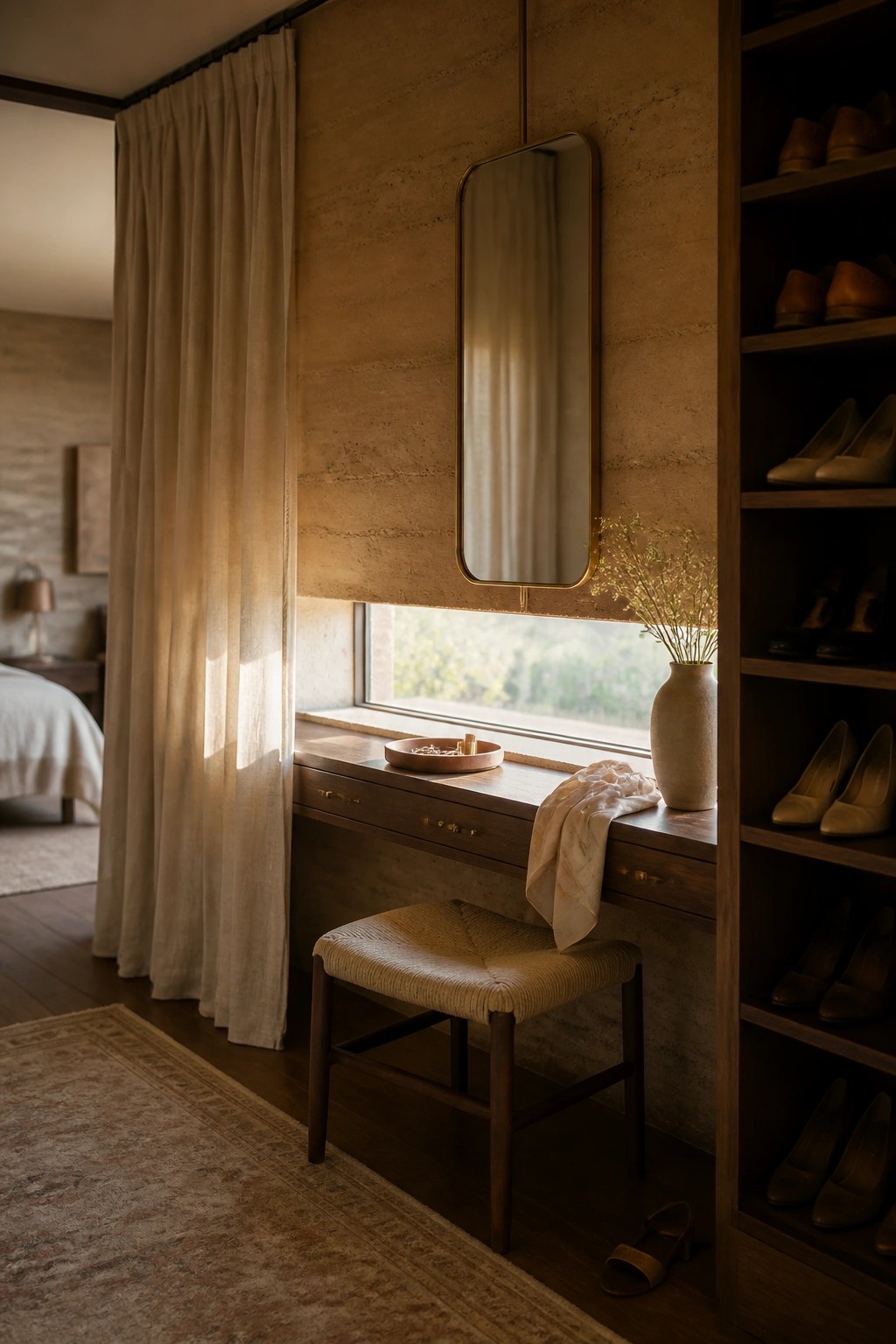 A built-in wooden vanity with a stool sits beneath a window in a room with rammed earth walls, a hanging mirror, and open shoe shelving to the side.