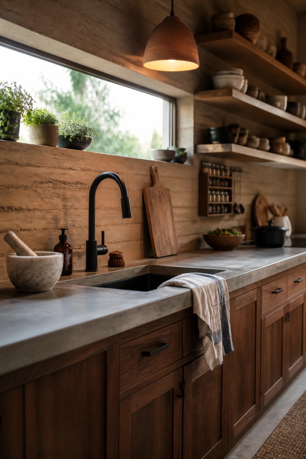 A kitchen sink area with a large window set into a textured rammed earth wall above a concrete countertop and dark wood cabinets.