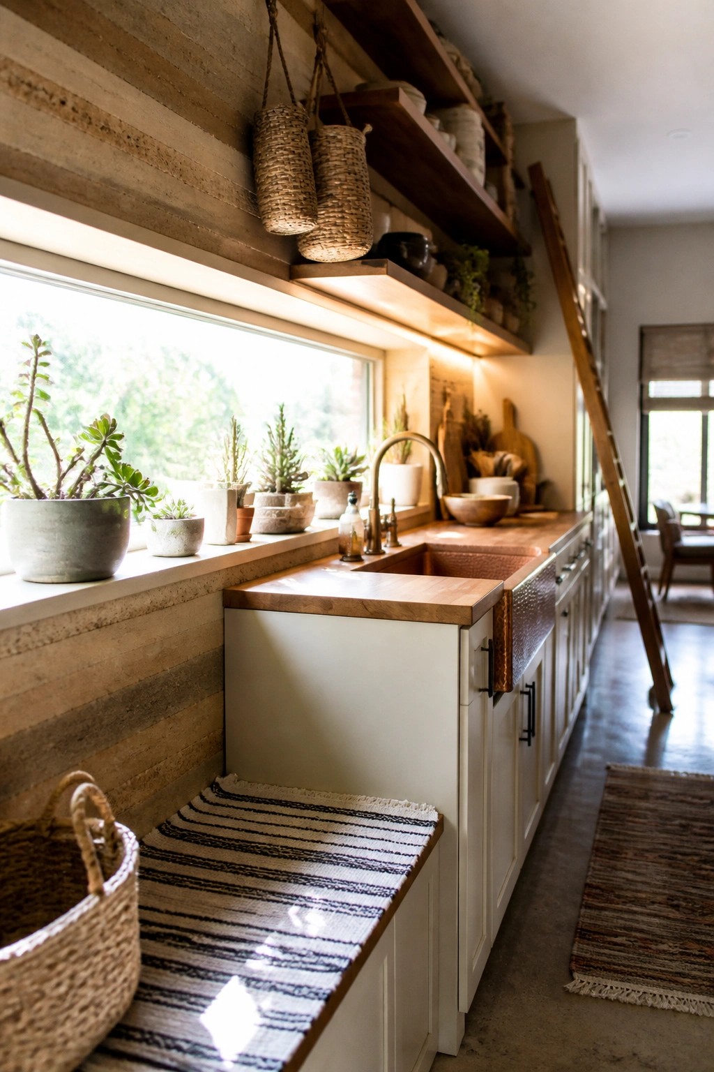 A kitchen interior featuring a rammed earth accent wall, a large window with potted plants on the sill, white cabinets, a wooden countertop, and a copper sink under wooden floating shelves.