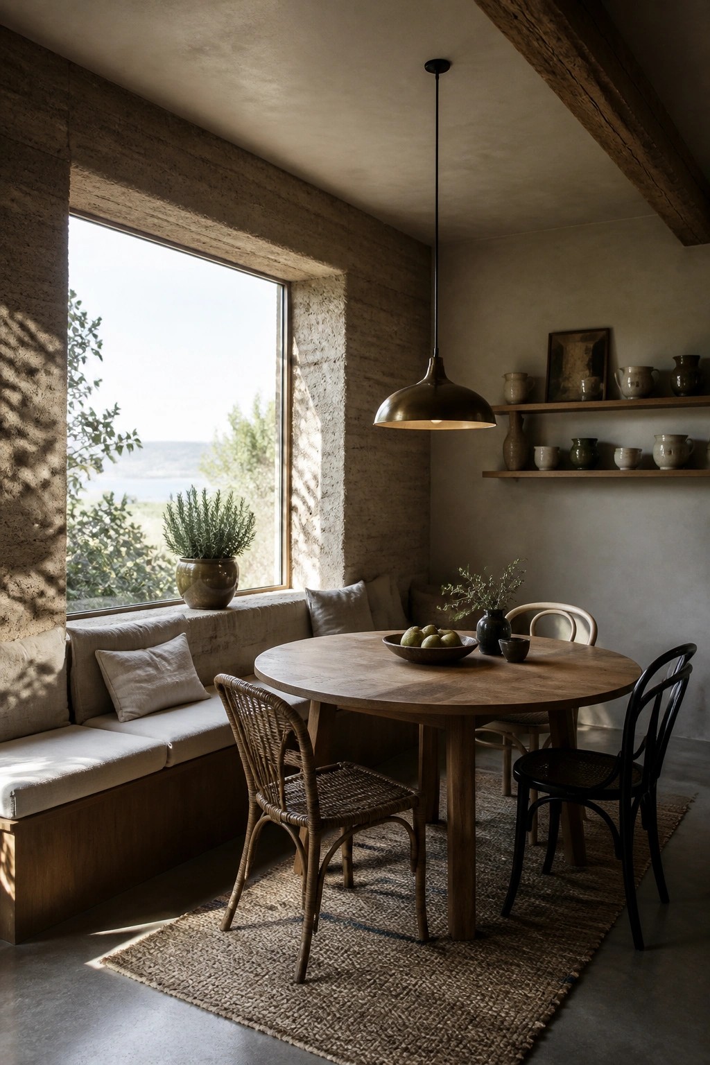 A round wooden dining table with mixed chairs sits on a woven rug in front of a large window set into a thick rammed earth wall, with a built-in bench along the window.