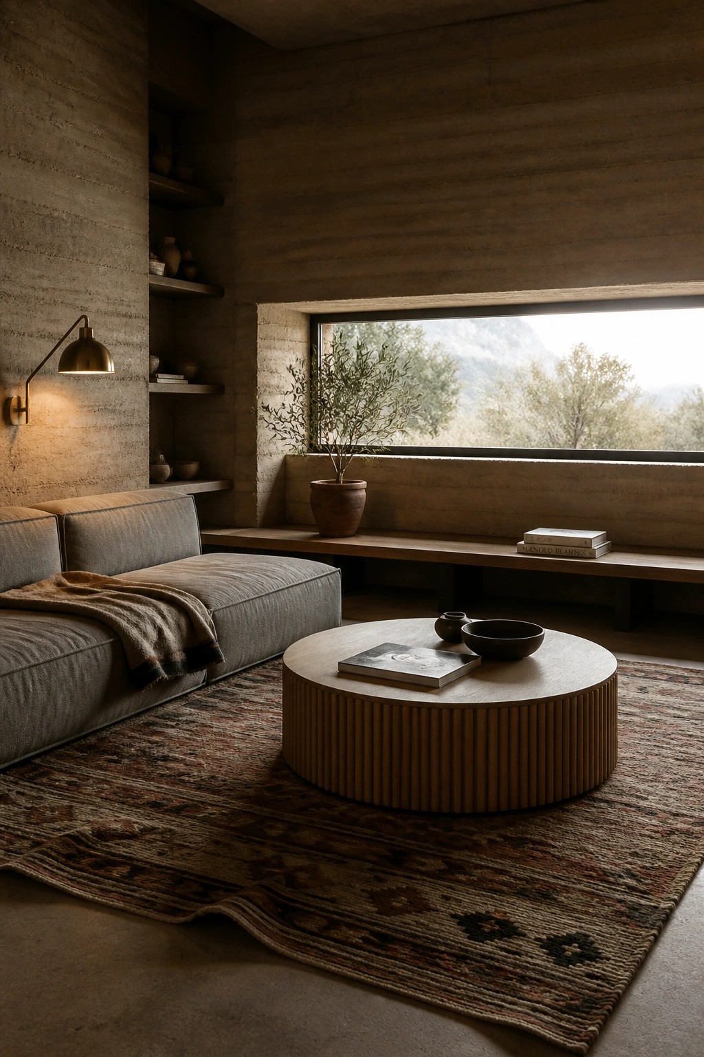 A living room with rammed earth walls, a large window overlooking trees, a gray sofa, and a round wooden coffee table on a patterned rug.