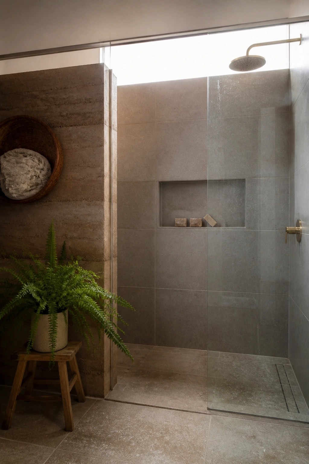 Interior view of a tiled shower with glass enclosure beneath a large overhead window, adjacent to a textured rammed earth wall with a built-in niche and a potted fern on a wooden stool outside the shower.