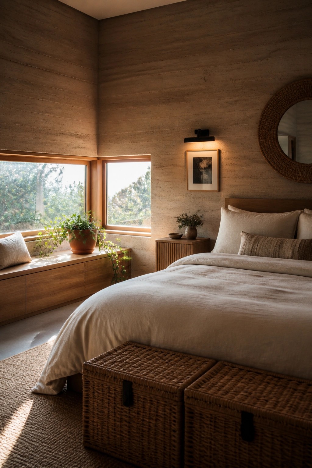 A bedroom with rammed earth walls, two side-by-side wood-framed windows above a built-in bench, a large bed with neutral bedding, and woven baskets at the foot of the bed.