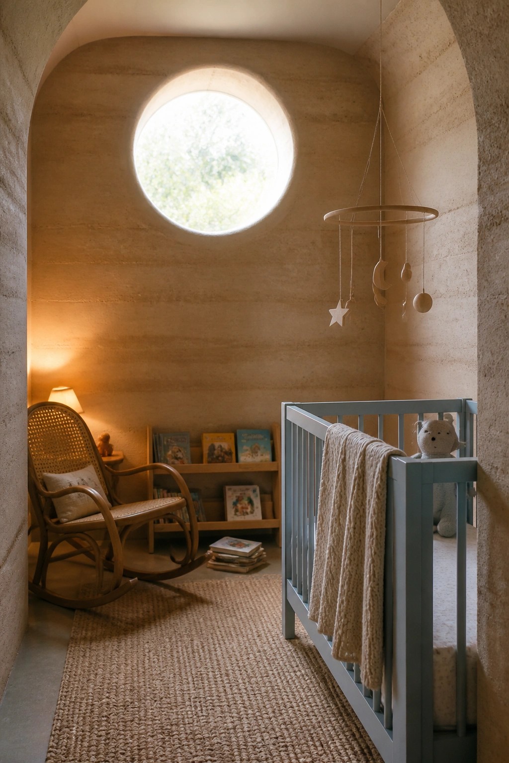 A child's room with rammed earth walls, a large circular window high on the wall, a wooden rocking chair, low bookshelf, and light blue crib with a hanging mobile.
