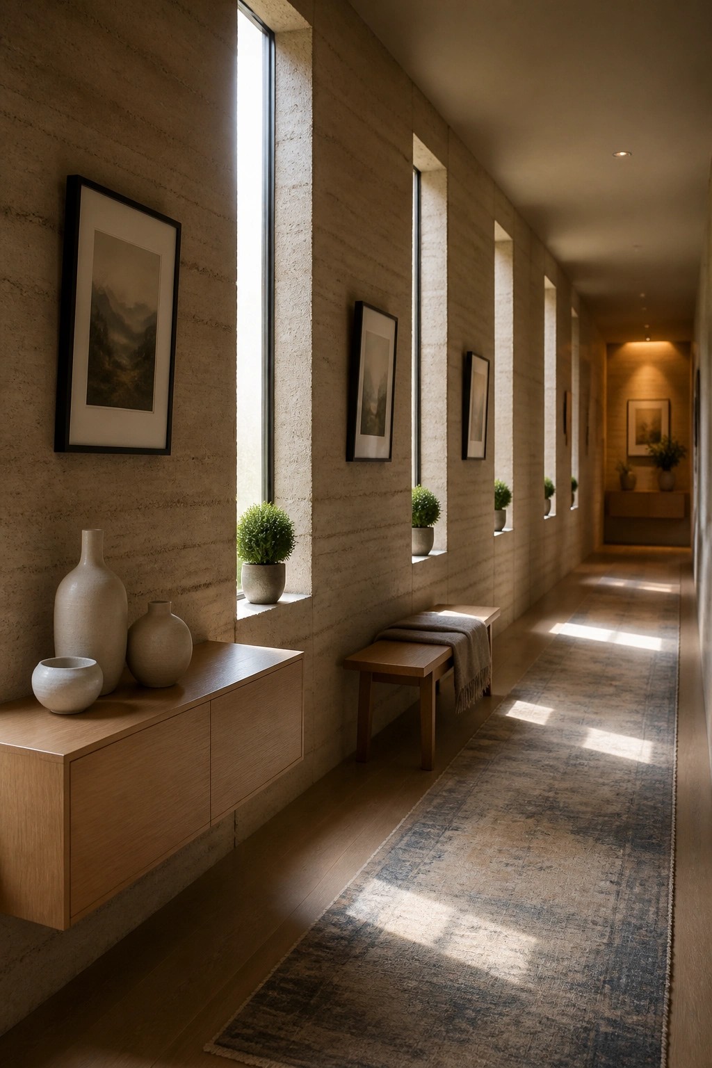 Interior hallway with rammed earth walls and a series of tall narrow windows that cast sunlight across a wooden floor and long runner rug.