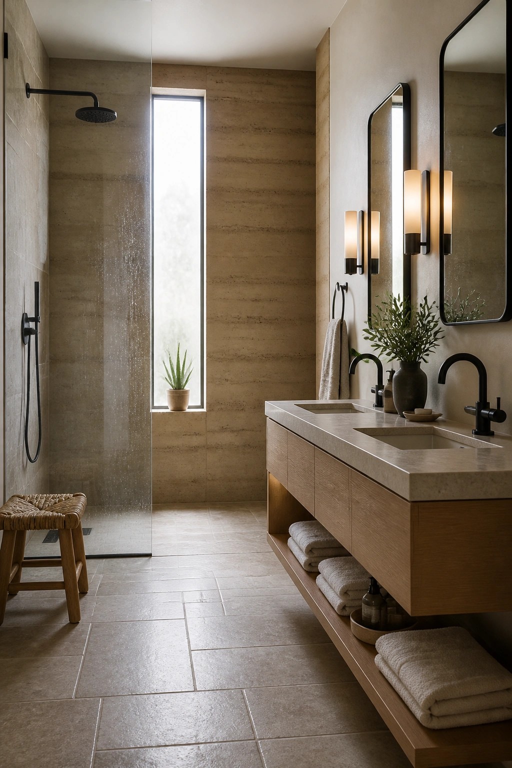 A bathroom with rammed earth walls, a tall narrow window, a glass enclosed shower, and a floating wood vanity with two sinks.