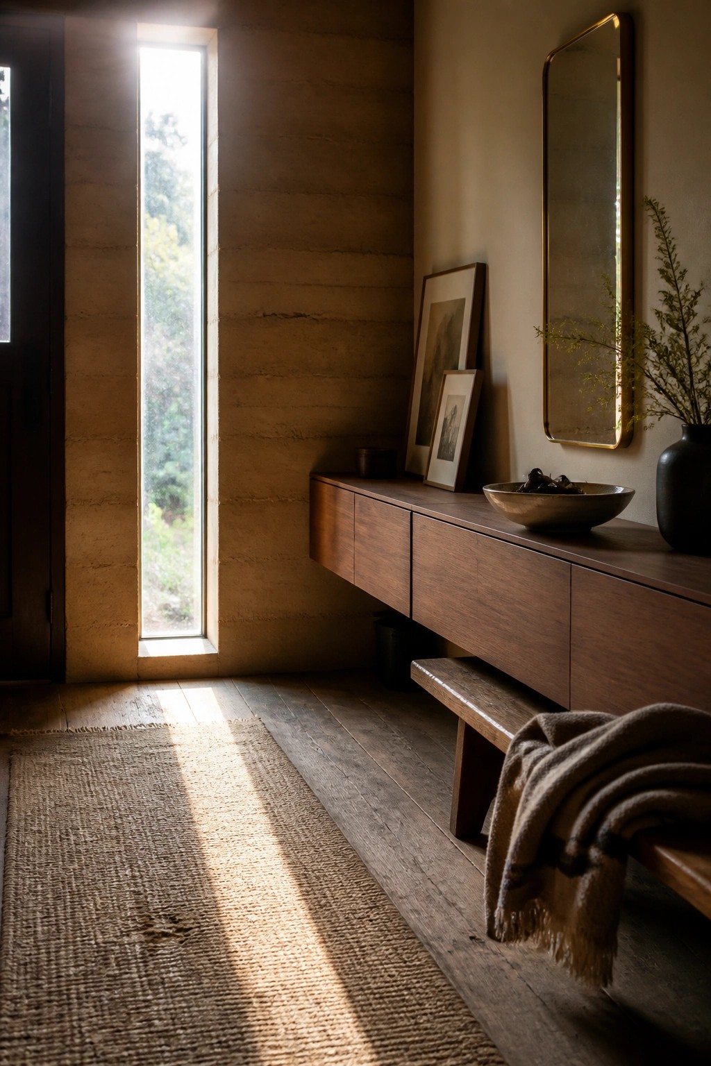A tall narrow window in a rammed earth wall casts stripes of sunlight across a wooden floor and woven rug in an interior space with a low console table and bench.