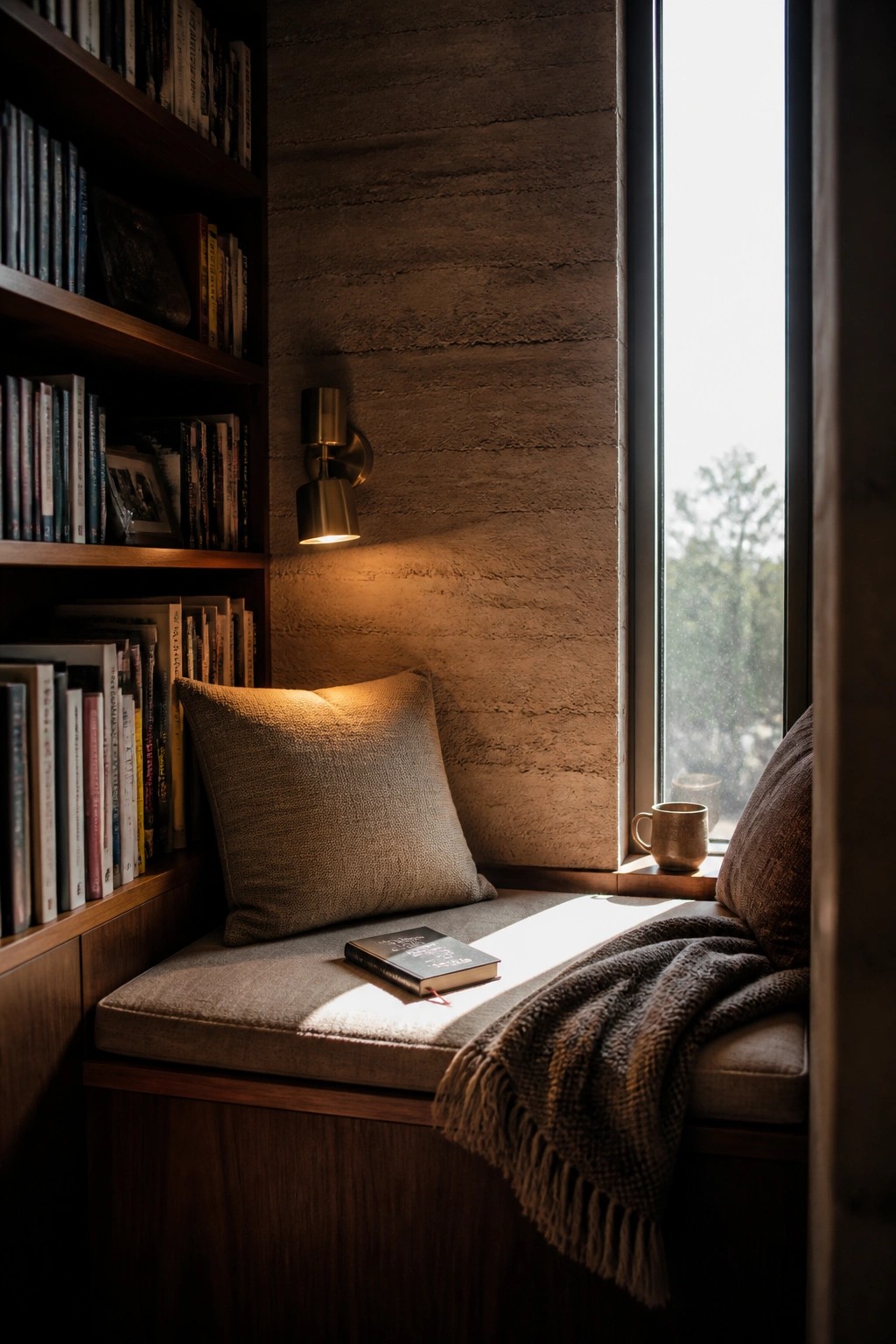 A built-in window seat with a beige cushion sits below a tall window in a textured rammed earth wall, with wooden bookshelves on the left and a book resting on the seat.