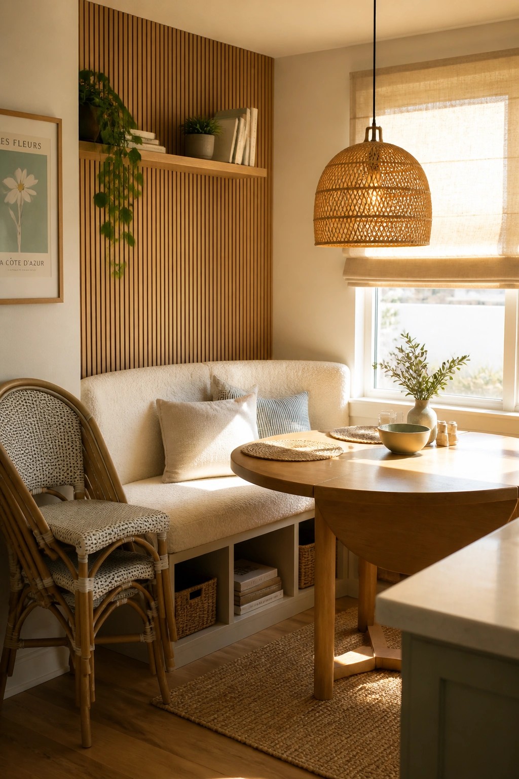 A dining nook with a built-in white banquette, wooden drop-leaf table, two woven chairs, and a large woven pendant light beside a window.