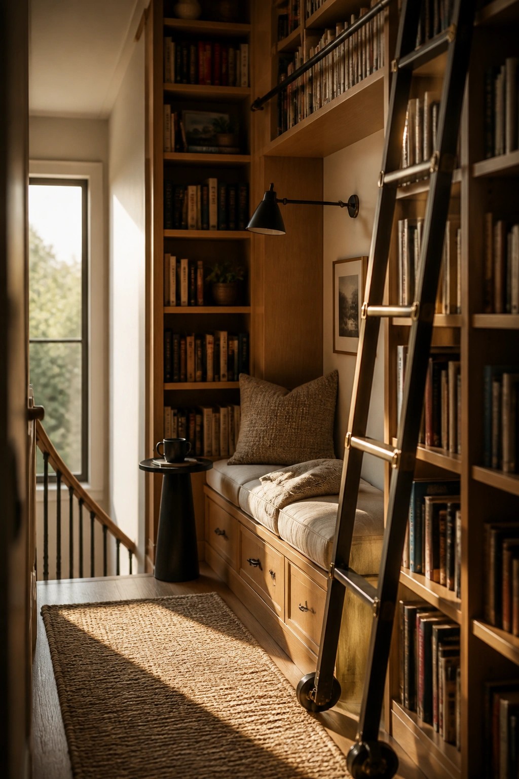 A narrow interior hallway with built-in wooden bookshelves, a cushioned bench with storage drawers below, a rolling library ladder, and a window on the left side.
