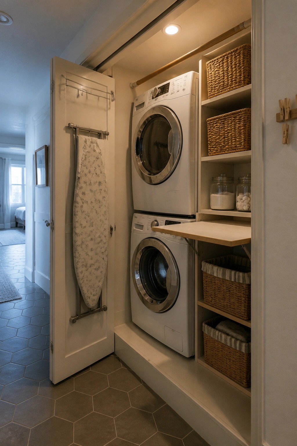 A laundry room featuring stacked white washer and dryer units beside open shelving filled with wicker baskets and glass jars, with an ironing board mounted on an open door.