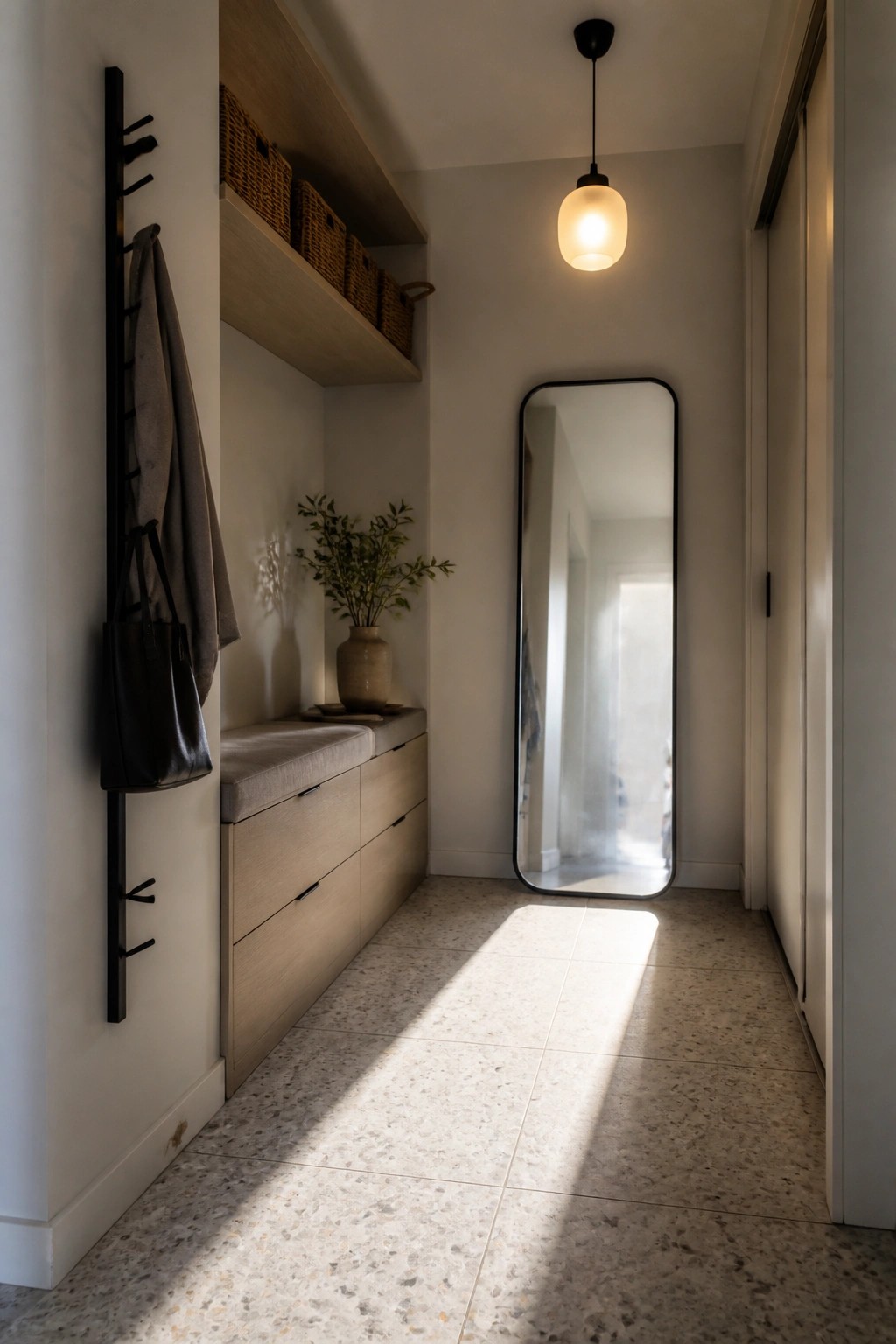 Narrow modern hallway with wooden bench, tall mirror, pendant light, and terrazzo floor