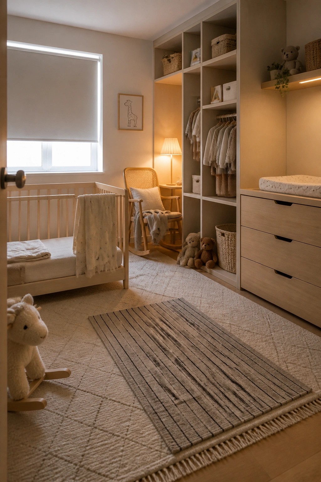 Cozy neutral nursery with wooden crib, wicker rocker, open closet, striped rug, and toys.