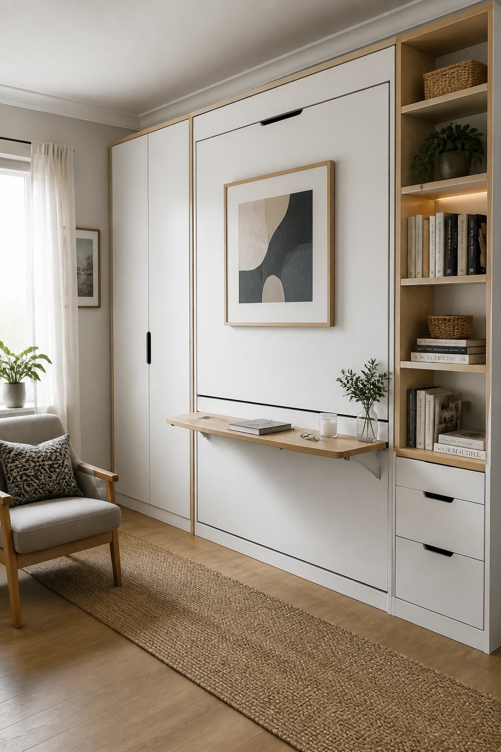 A modern room with white built-in cabinetry, a fold-down wooden shelf, open shelving with books and plants, and a gray armchair on a woven rug.