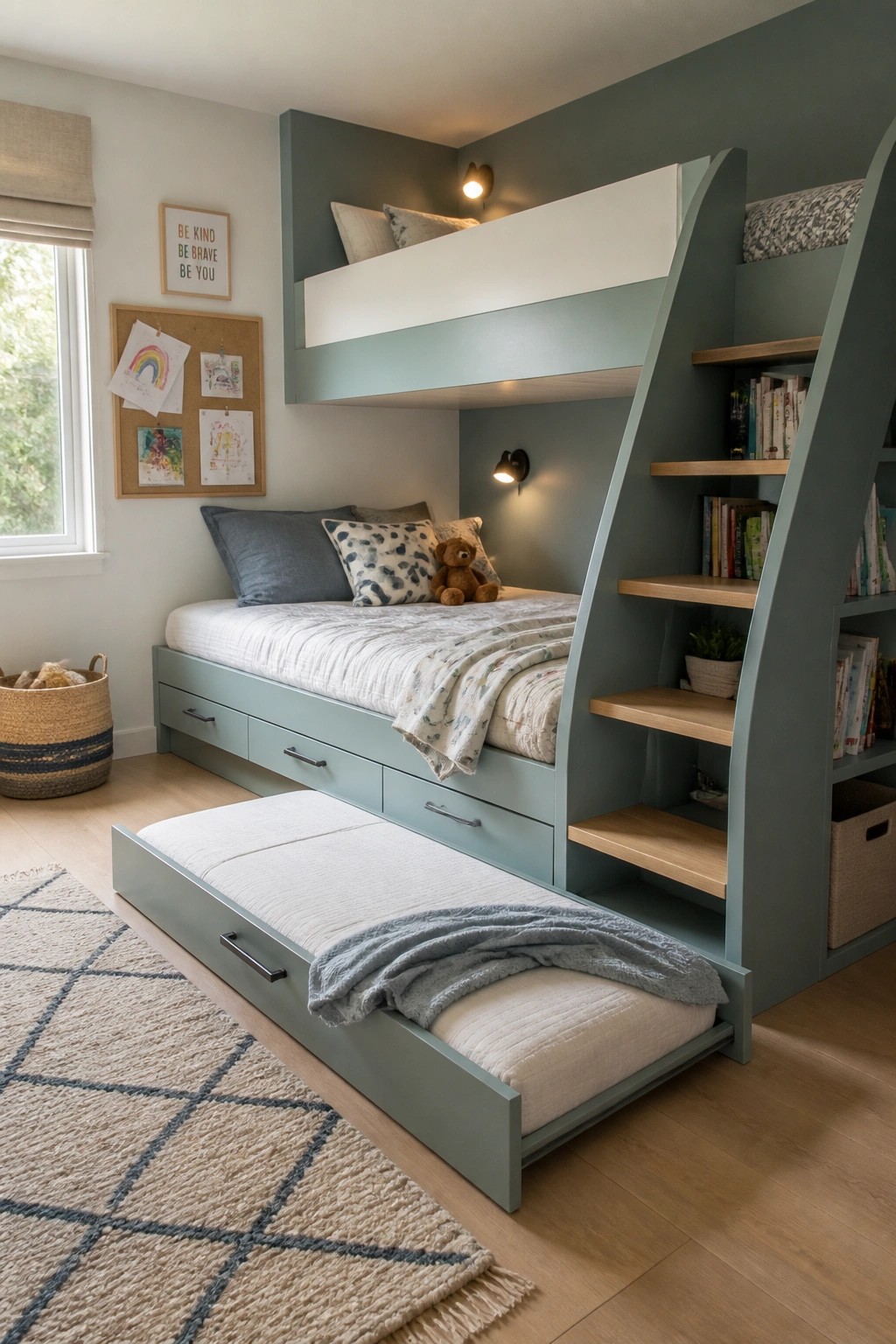 A children's bedroom with a sage green loft bunk bed featuring wooden stairs with shelves, a matching trundle bed extended below, and a window with wall decorations on the left wall.