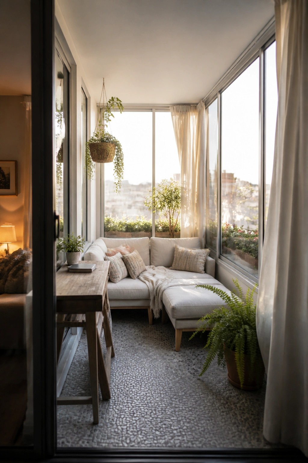 A furnished balcony with a light-colored L-shaped sectional sofa, ottoman, wooden table, and potted plants beside large windows overlooking a city.