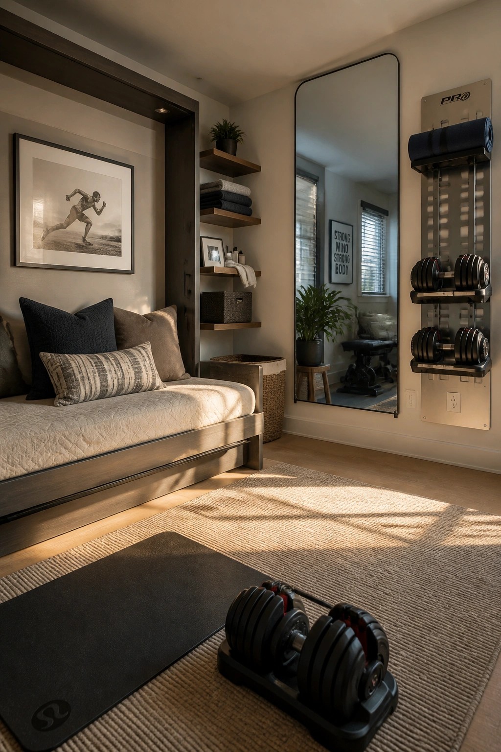 A contemporary home gym interior featuring a daybed with pillows, floating wooden shelves, a large wall mirror, and wall-mounted dumbbell storage with a rolled yoga mat.