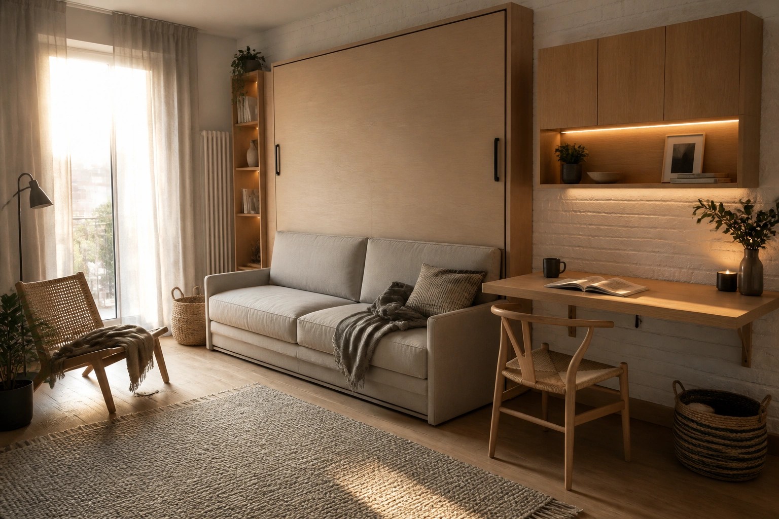 A contemporary living room featuring a light gray sofa positioned in front of a large beige wall panel, with illuminated wooden built-in shelves holding books and plants to the left and a wall-mounted desk with chair to the right.
