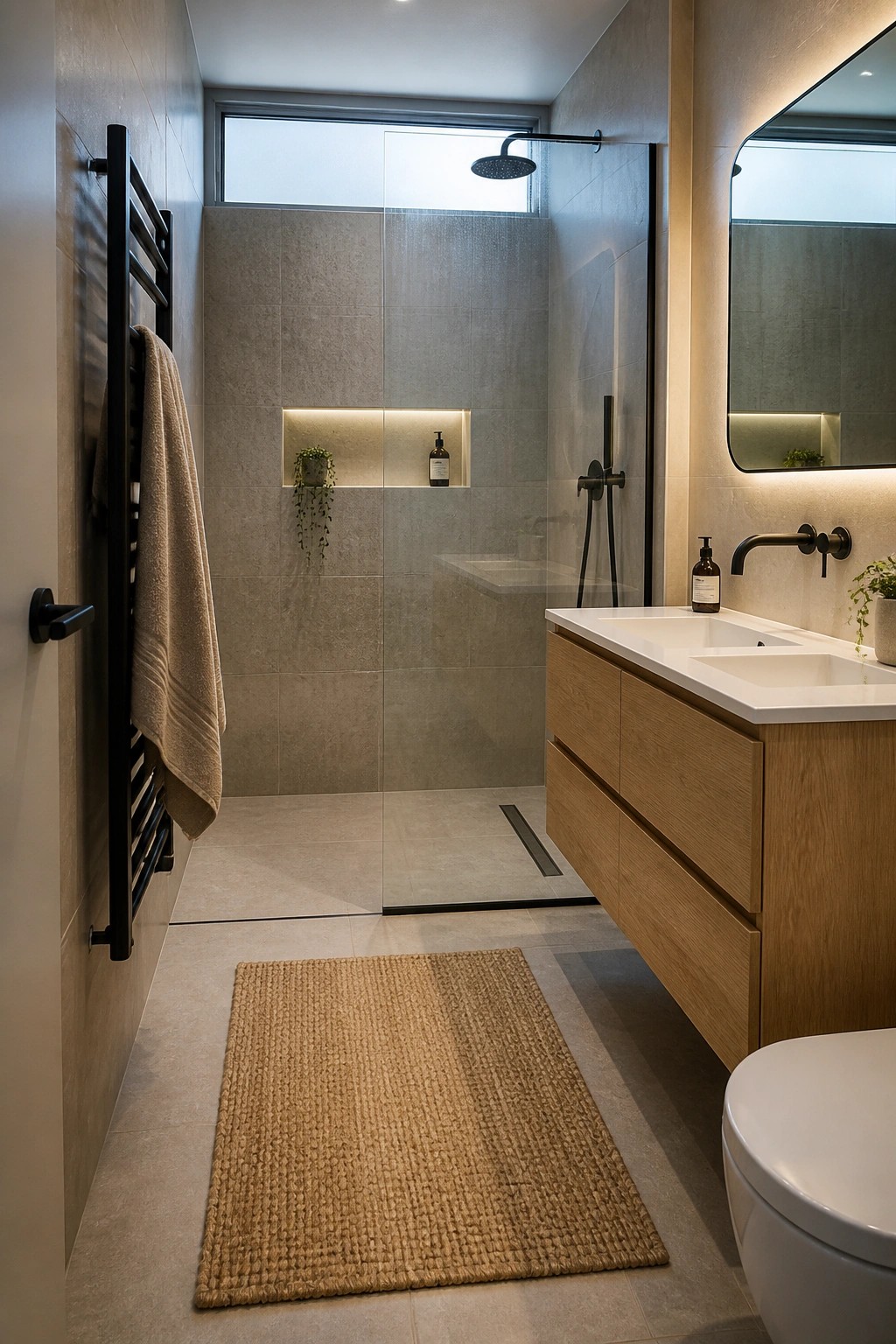 A modern bathroom with a floating wooden vanity holding two white sinks, black fixtures, an open glass shower, and a woven rug on the floor.