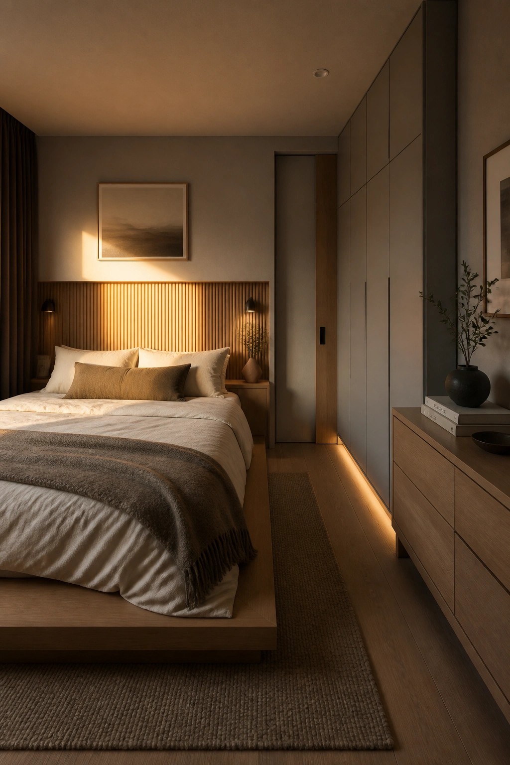 A contemporary bedroom featuring a low platform bed with neutral bedding, a vertically slatted wooden headboard wall with integrated backlighting, and minimal wood furniture along the sides.