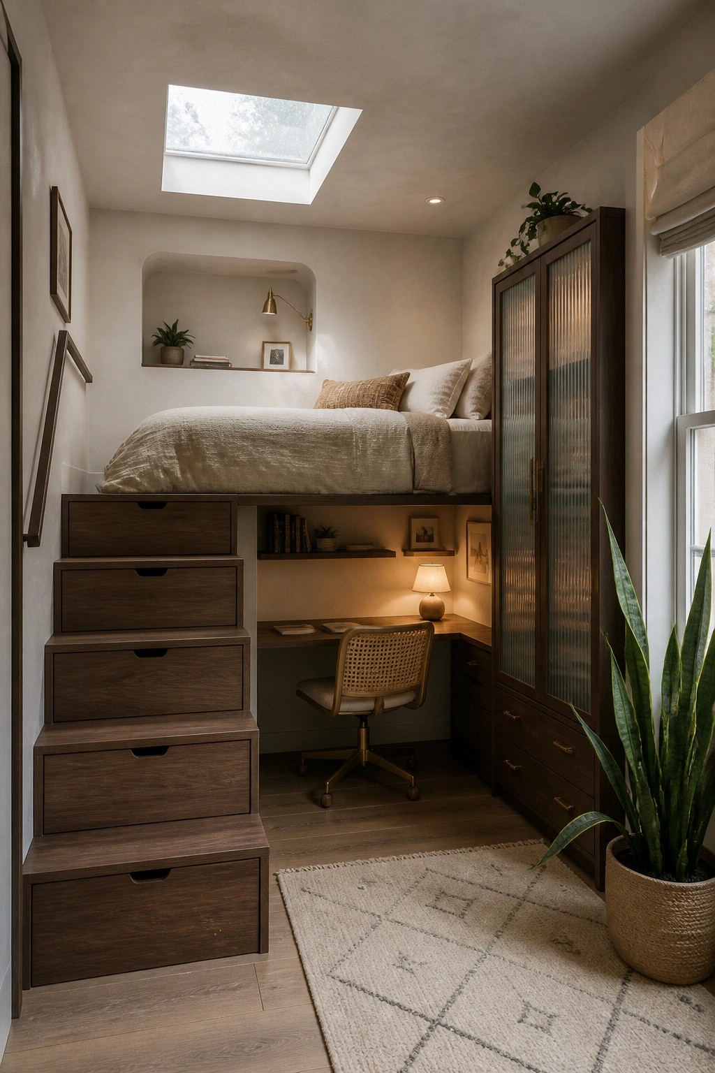 A small bedroom with a wooden loft bed over a built-in desk, storage stairs on the left, and a tall wooden wardrobe on the right.
