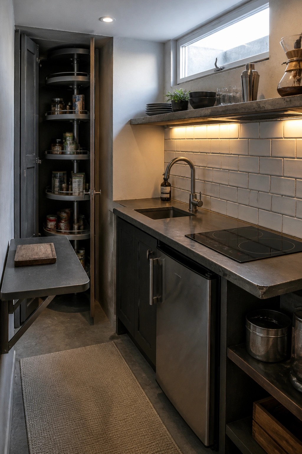 A compact kitchen with a tall open cabinet showing multiple rotating shelves stocked with jars, a fold-down metal table on the left, and a stainless counter with sink and induction cooktop on the right.