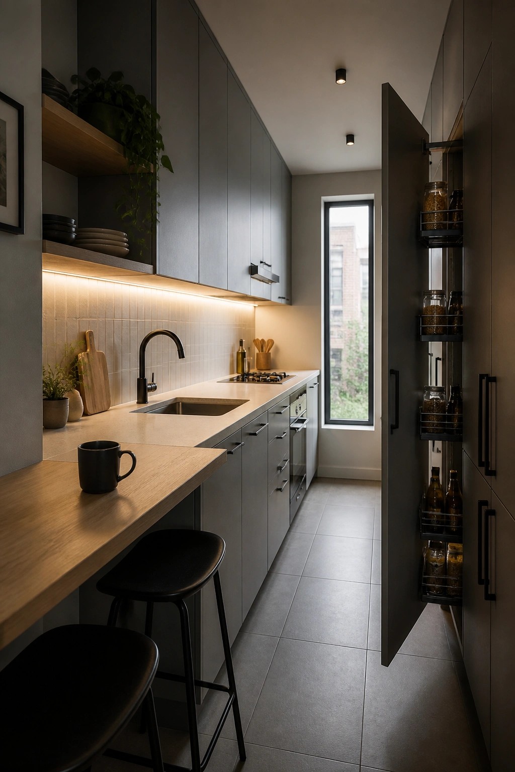 A narrow modern kitchen with gray cabinets, a long light countertop, black stools, and a tall open pull-out pantry filled with jars on the right side.