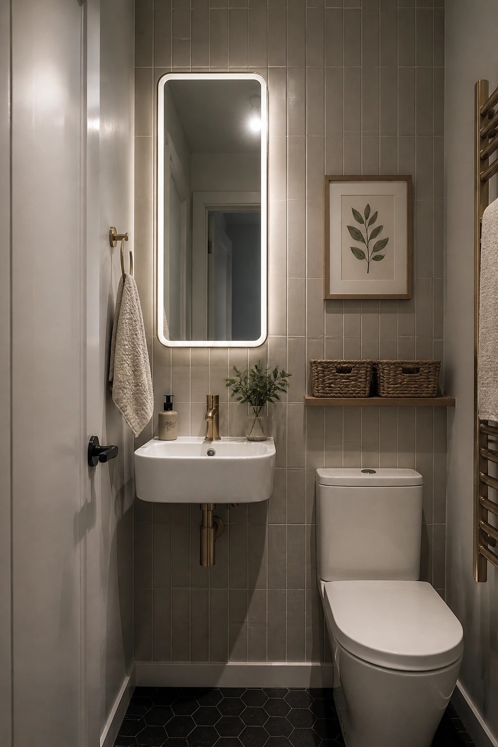 A narrow bathroom interior showing a white wall-mounted sink with exposed plumbing, a white toilet, an illuminated vertical mirror, and gray tiled walls with a small wooden shelf holding woven baskets.