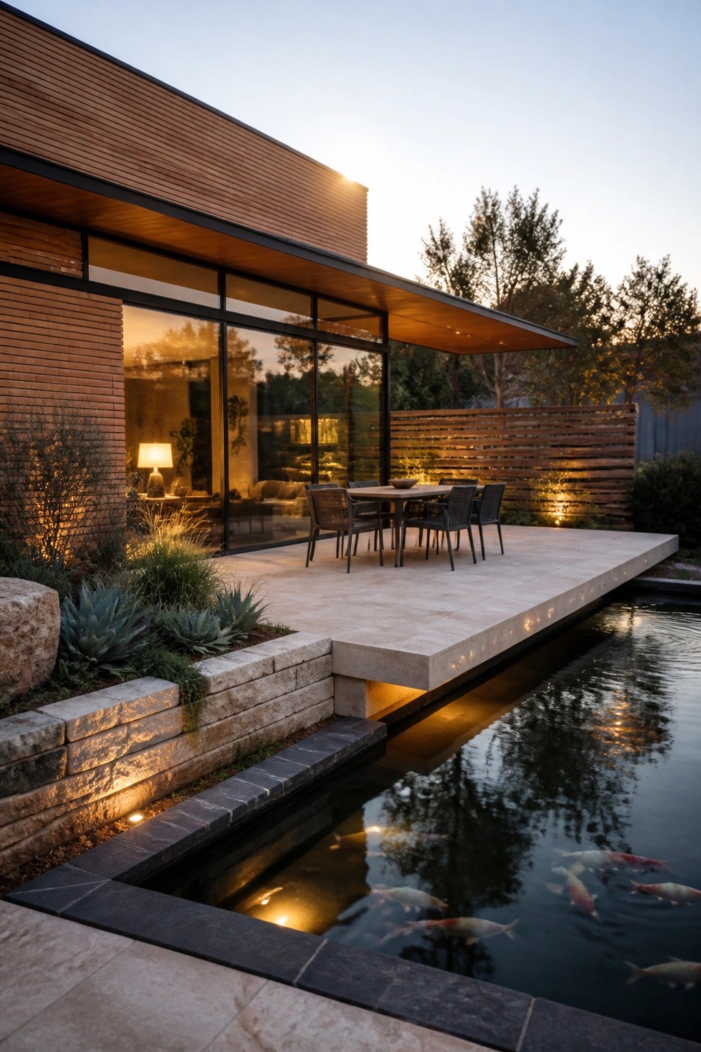 Modern home with cantilevered patio, dining set, and glowing koi pond at dusk