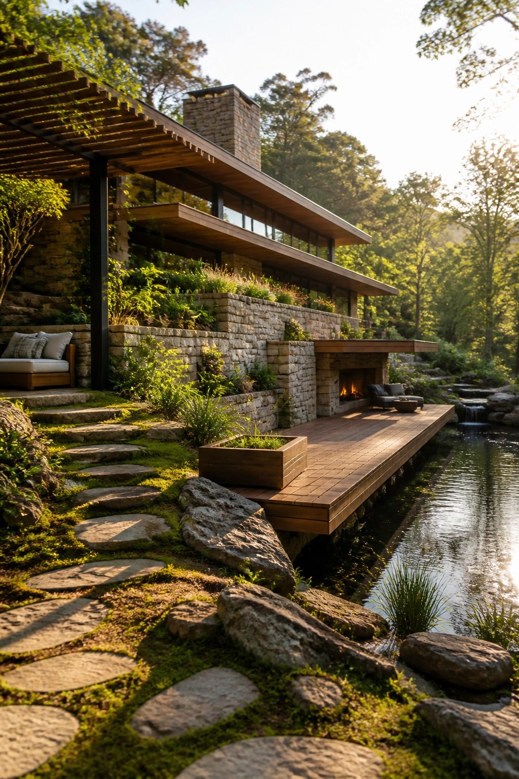 A modern house with wood and stone exterior features a cantilevered wooden deck extending over a calm pond, with an outdoor fireplace and surrounding stone terraces.