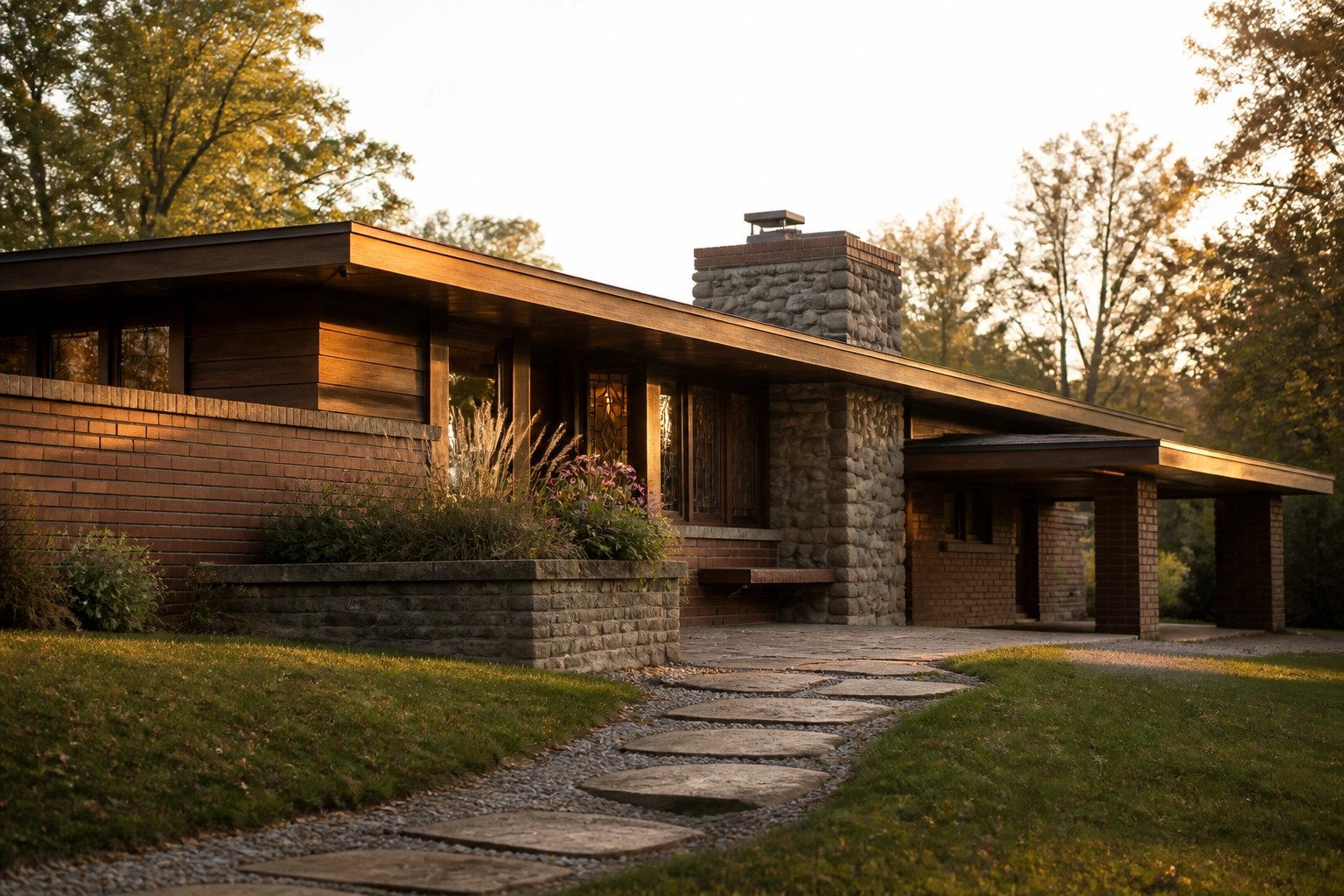 A winding path of irregular stone pavers set in gravel leads through grass and low plantings to a brick house with a large stone chimney.
